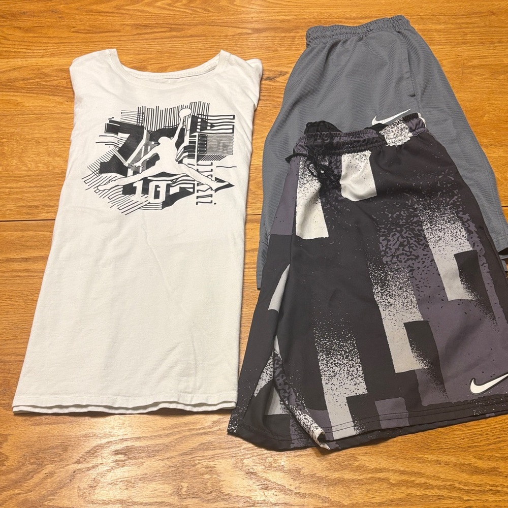A 3 Piece Set, Jordan White Graphic Tee with Gray & Black Athletic Shorts - Picture 3 of 8